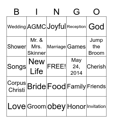 Wedding Reception Bingo Card