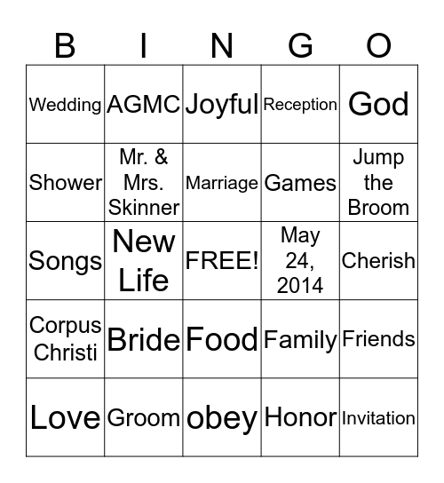 Wedding Reception Bingo Card