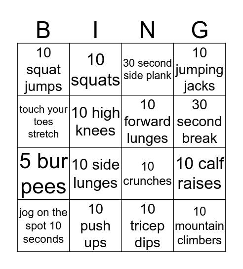 fitness blast bingo Card