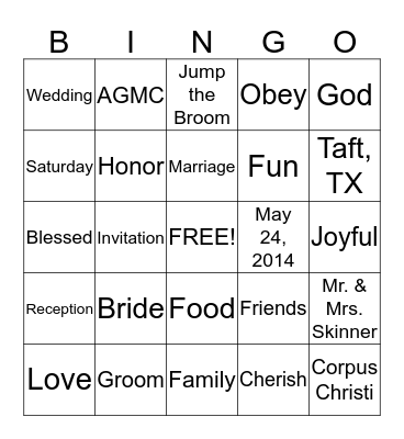 Wedding Reception Bingo Card