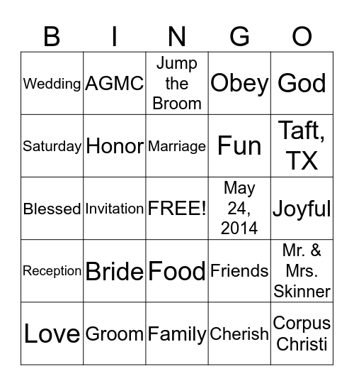 Wedding Reception Bingo Card