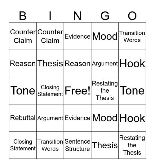 Argumentative Vocab Bingo Card