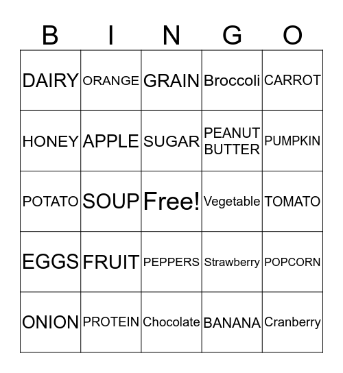 Healthy Eating Bingo Card