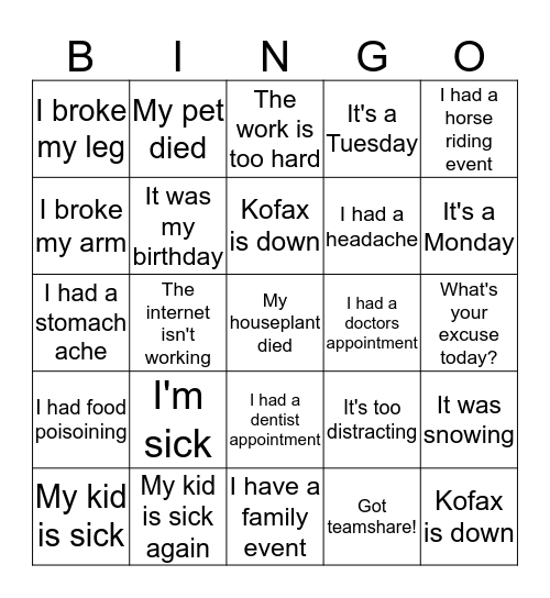 Employee Excuses! Bingo Card