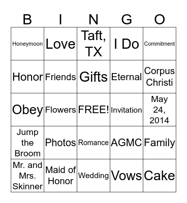 Wedding Reception Bingo Card