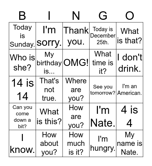 Daily Expression Bingo Card