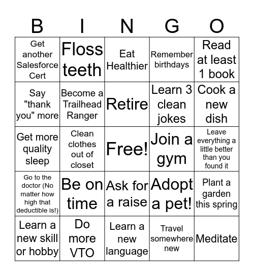 2020 New Year's Resolutions Bingo Card
