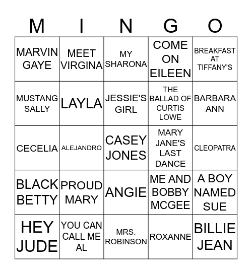 Fourth Creek Mingo - Songs With Names Bingo Card