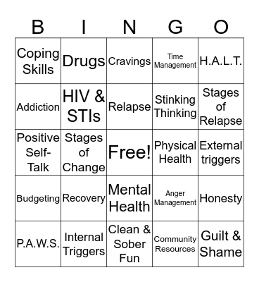 Recovery Bingo Card