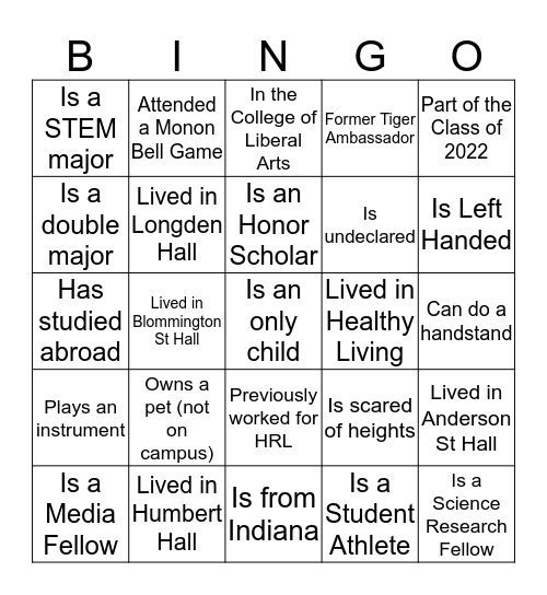 Housing and Residence Life Bingo Card