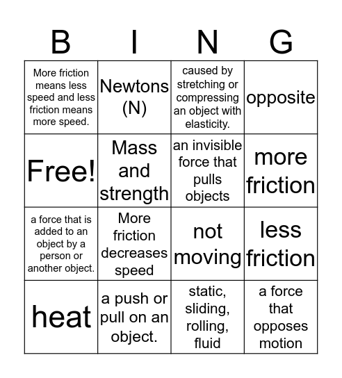 Force and Friction Bingo Card