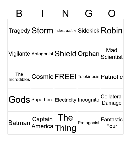 Superhero Bingo Card