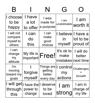 Positive Self Talk Bingo Card