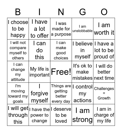 Positive Self Talk Bingo Card