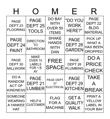 Home Depot Bingo Card