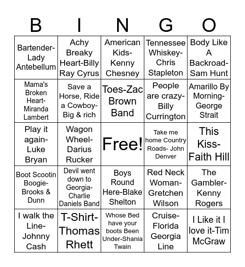 JJ17 Modern Country Mixed w Fave's! Bingo Card