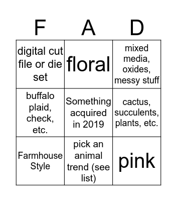2019 Trends/Fads Bingo Card