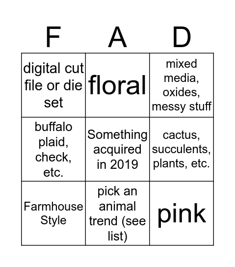 2019 Trends/Fads Bingo Card