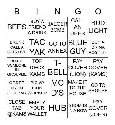 Valentine's Day Barcrawl Bingo Card