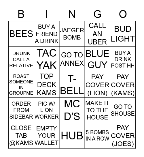 Valentine's Day Barcrawl Bingo Card