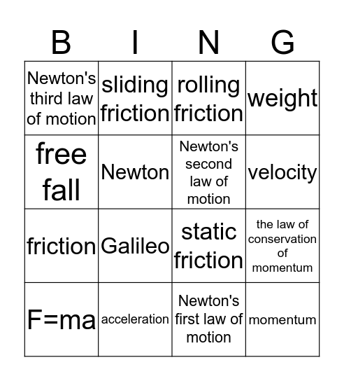 newtons laws and motion Bingo Card