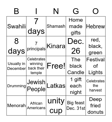 Hanakkha  and  Kwanza Bingo Card