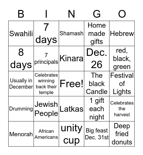 Hanakkha  and  Kwanza Bingo Card