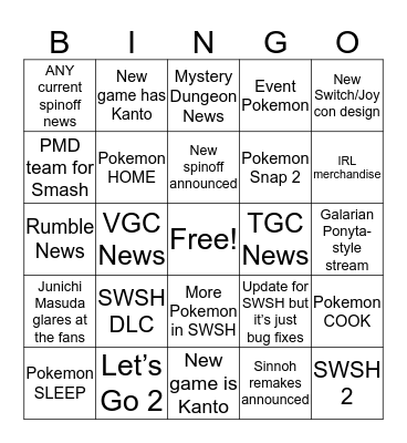 Pokemon Direct Bingo Card