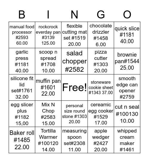 Pampered Chef Bingo Card