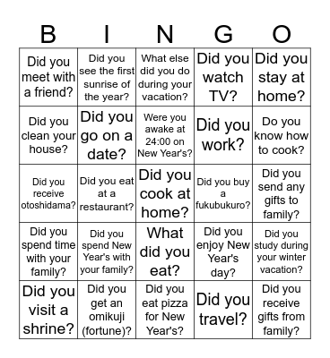 New Year's Conversation Bingo Card