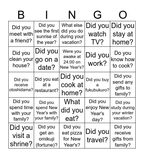 New Year's Conversation Bingo Card