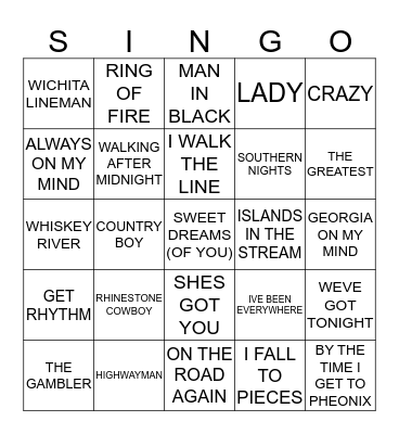 462 COUNTRY & WESTERN CLASSICS Bingo Card