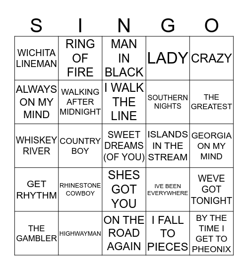 462 COUNTRY & WESTERN CLASSICS Bingo Card