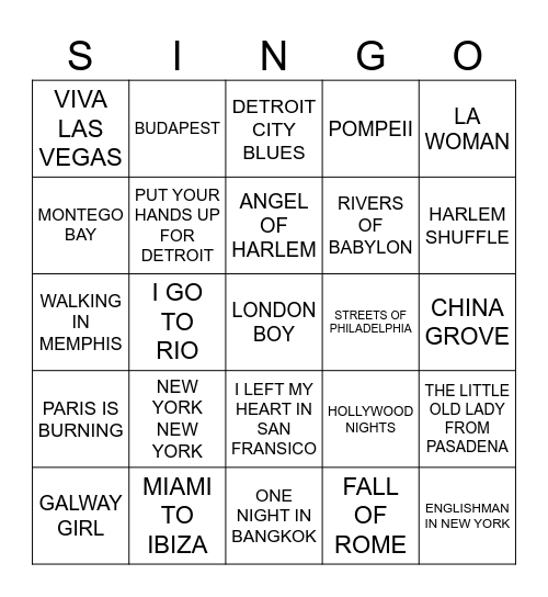 463 SONGS WITH CITIES IN THE TITLE Bingo Card