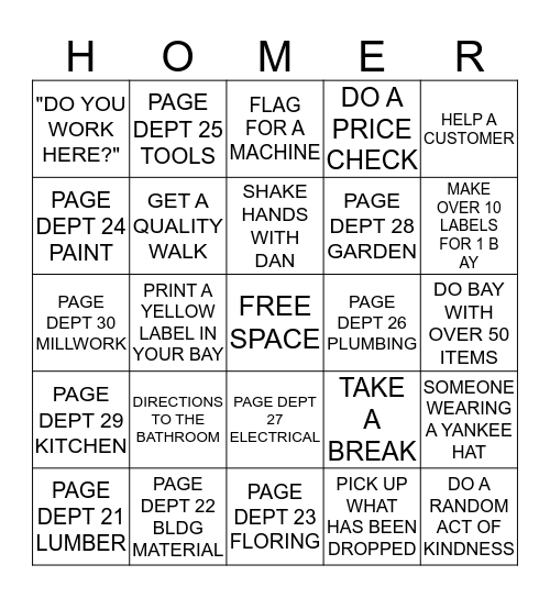 Home Depot Bingo Card