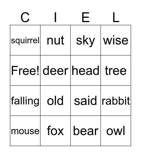 Le ciel tombe vocabulary  Bingo Card