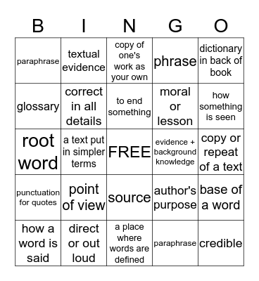 Vocabulary Review Bingo Card