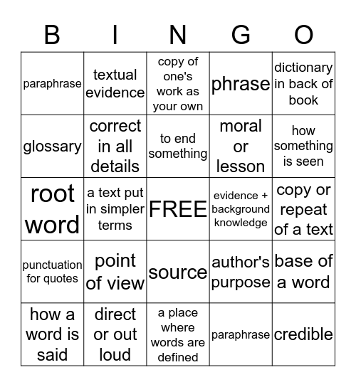 Vocabulary Review Bingo Card