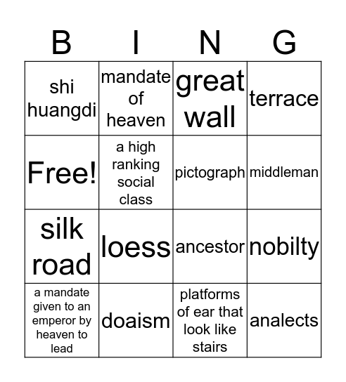 china bingo Card