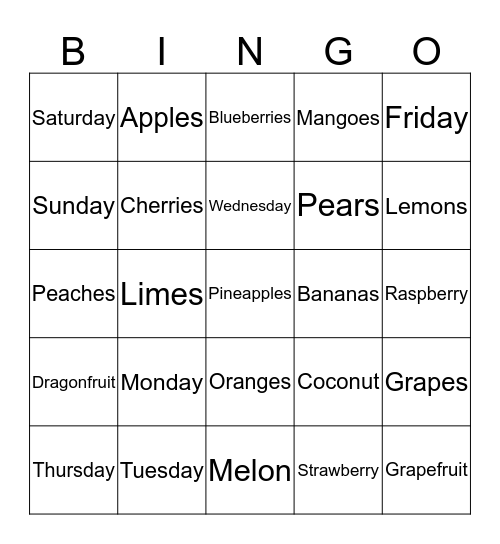 Days and Fruit Bingo Card
