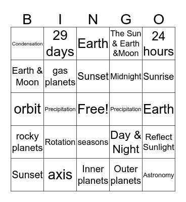 Earth's Rotation Review Bingo Card