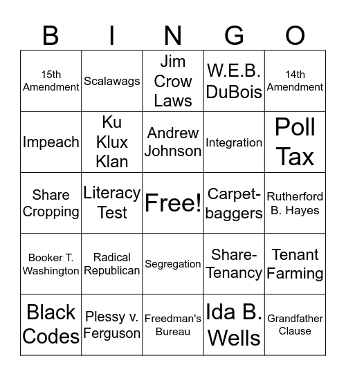 Reconstruction Vocab Bingo Card