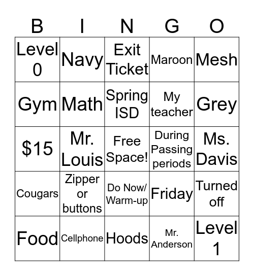 Rules and Procedures  Bingo Card