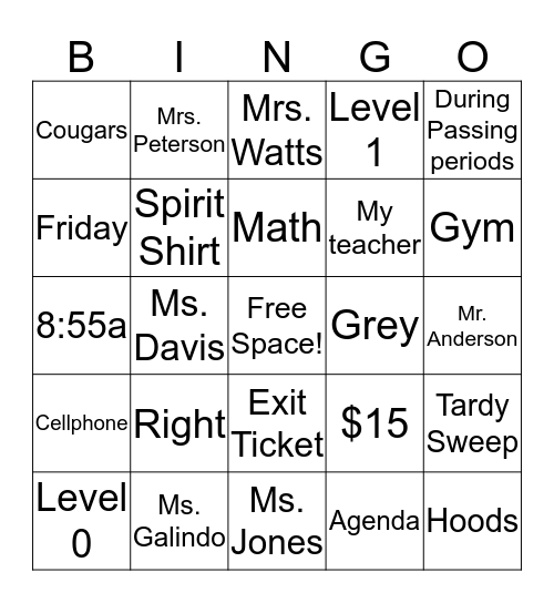Rules and Procedures  Bingo Card
