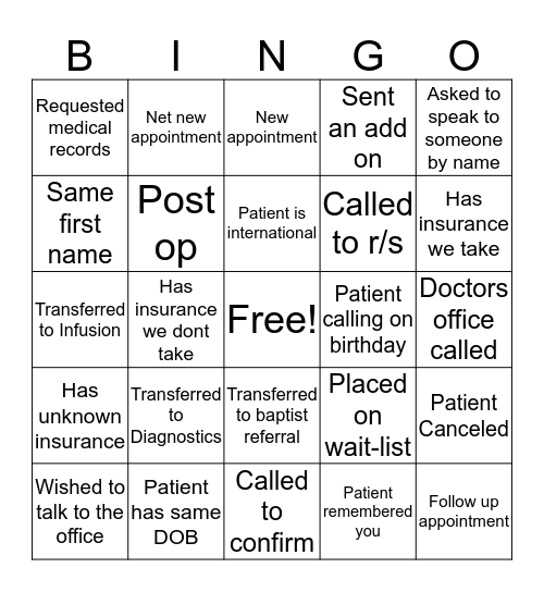 MCI Call center Bingo Card