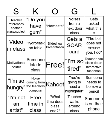 School Bingo Card