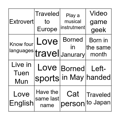 Get to know each other! Bingo Card