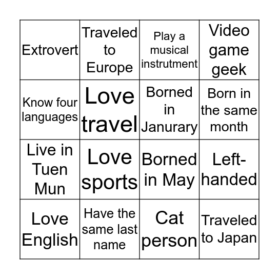 Get to know each other! Bingo Card