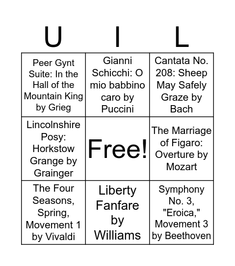UIL Music Memory Bingo Card