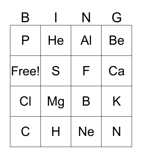 Elements Bingo Card